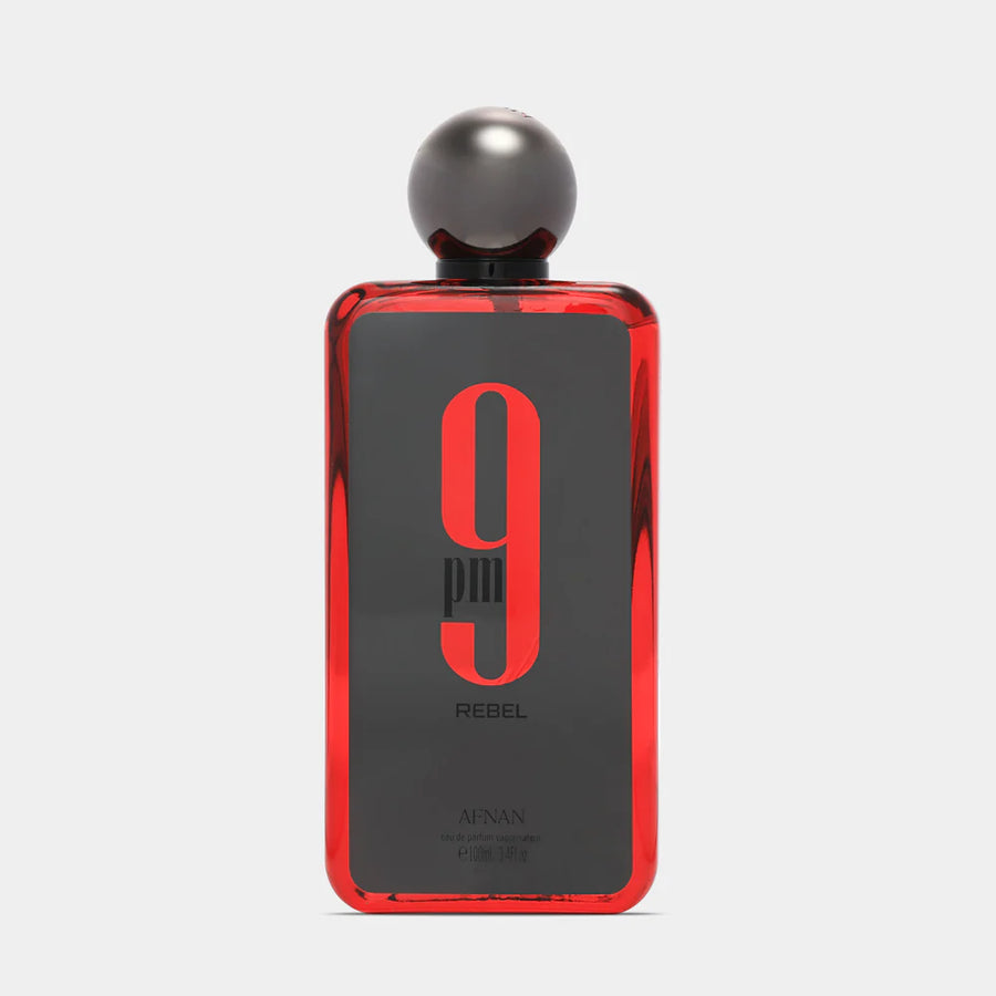 Bottle of 50Scents 9PM Rebel perfume with a sleek black and silver design, displayed on a neutral background.