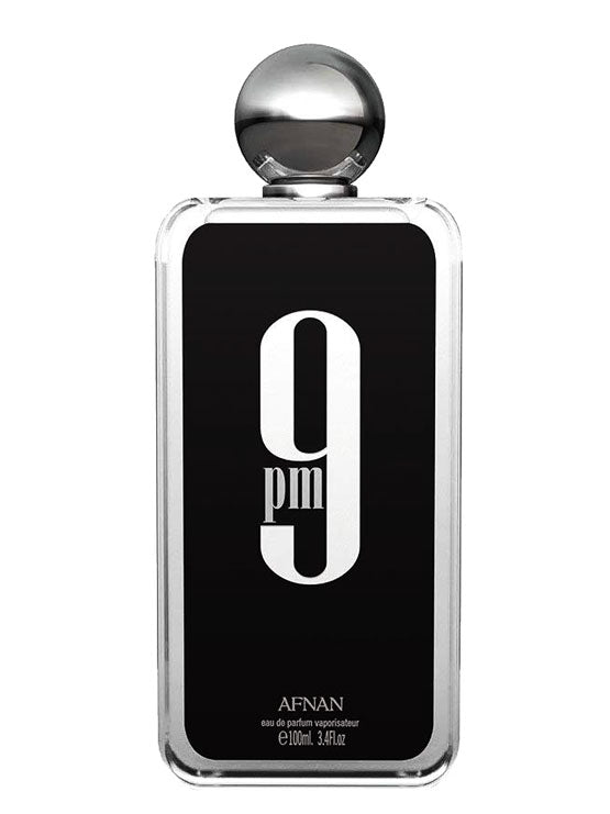 Afnan 9PM perfume bottle by 50Scents with sleek design and amber-colored liquid, displayed on a neutral background