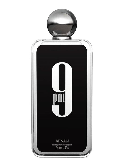 Afnan 9PM perfume bottle by 50Scents with sleek design and amber-colored liquid, displayed on a neutral background