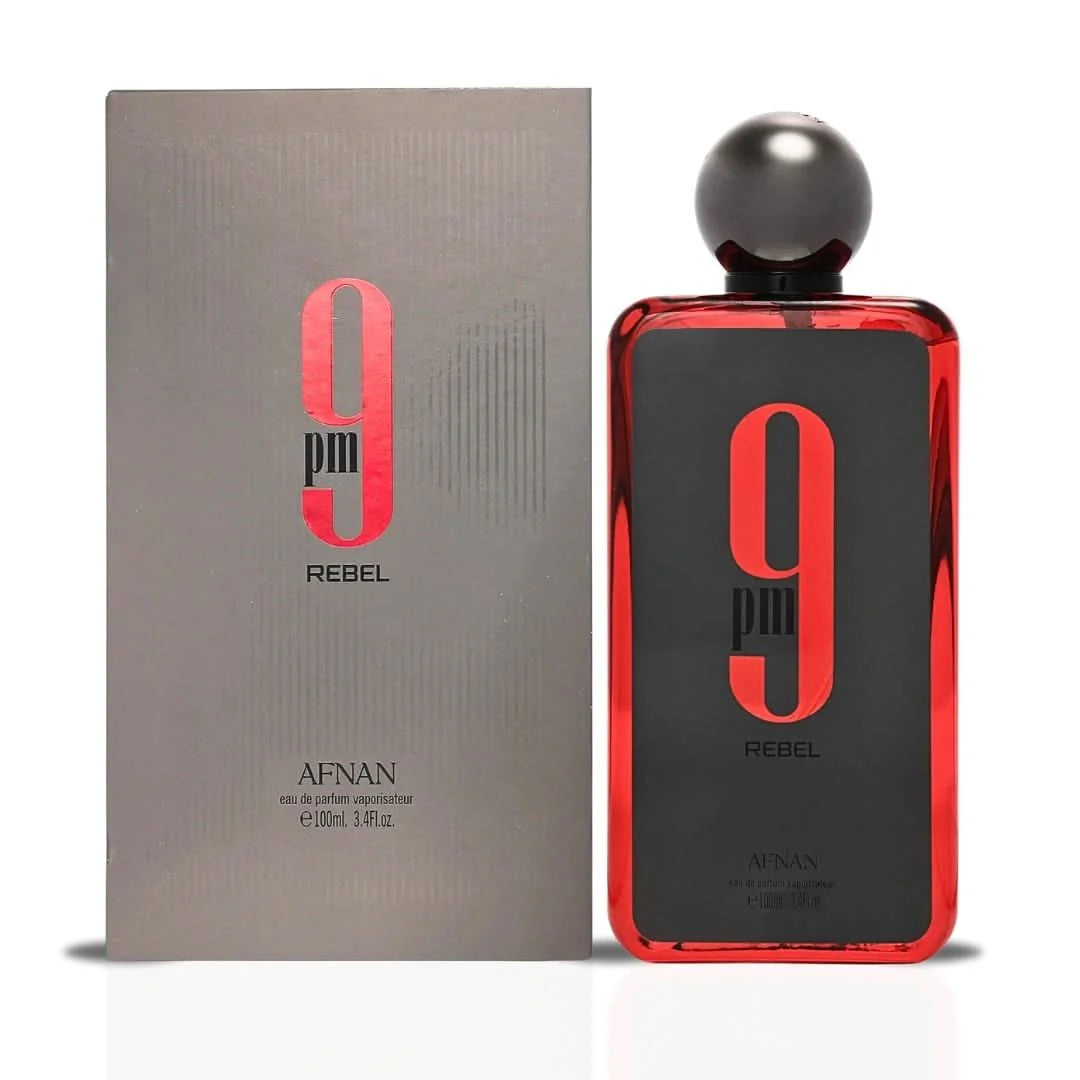 Bottle of 50Scents 9PM Rebel perfume with sleek black design and silver cap, displayed on a neutral background.