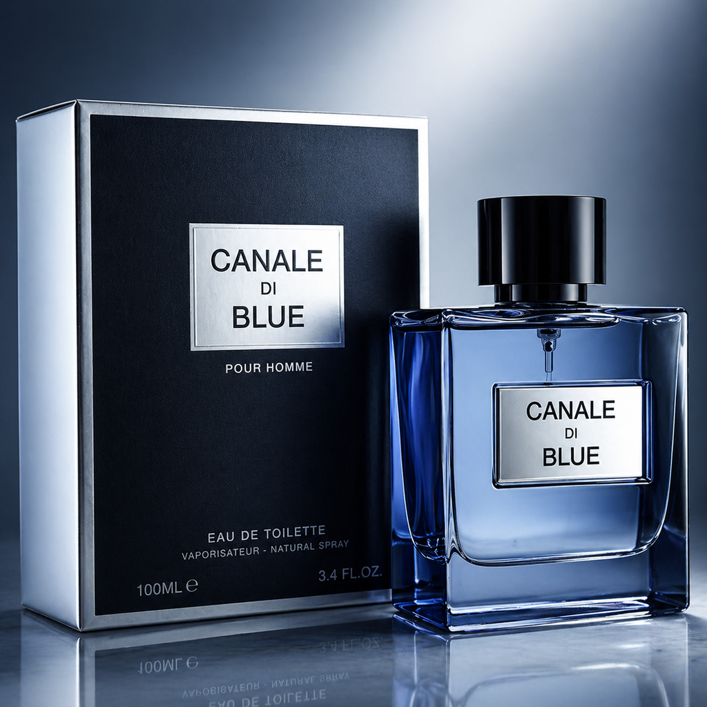 Blue Canale Di perfume bottle by 50Scents, featuring sleek packaging and elegant design.