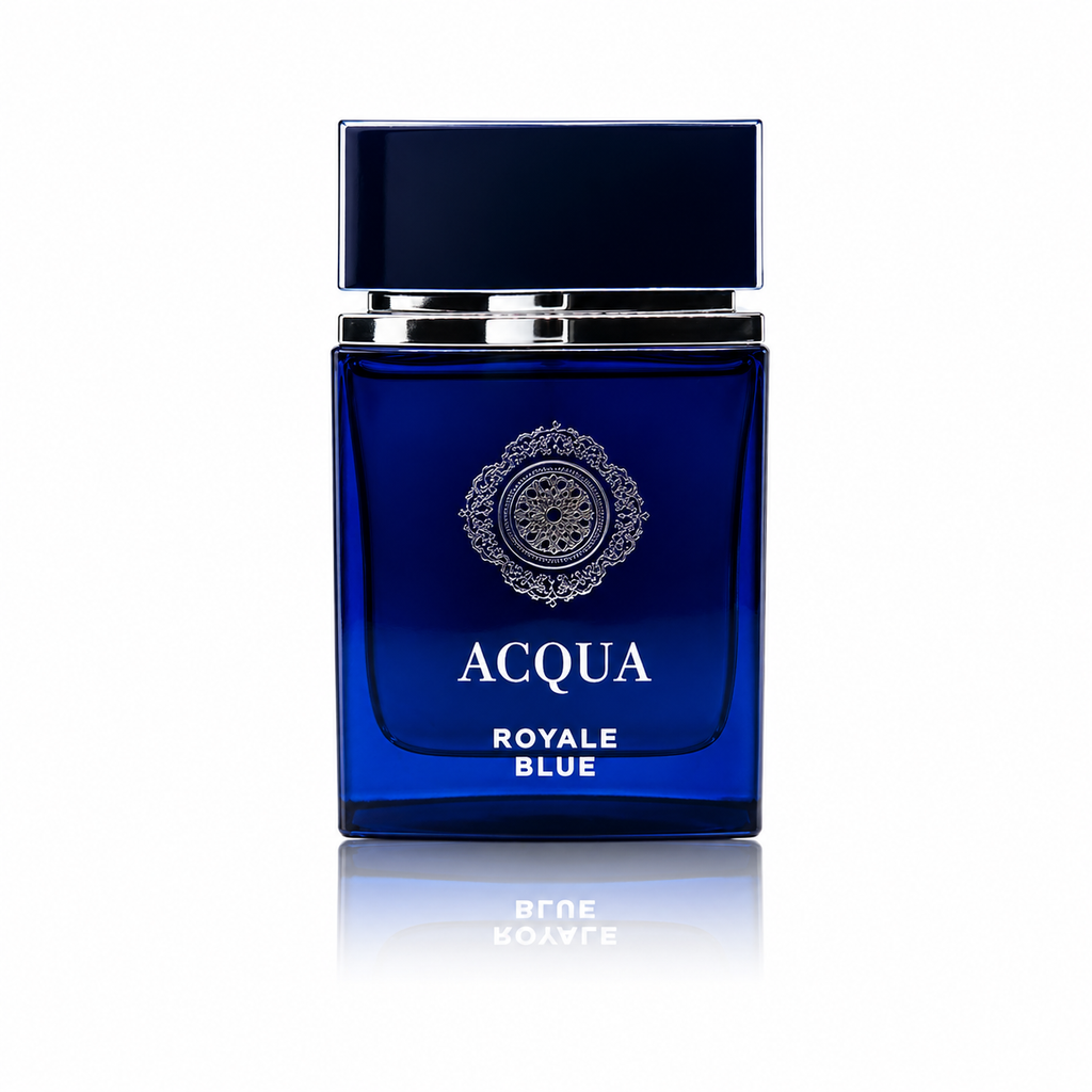 Royal blue Acqua perfume bottle by 50Scents, featuring a sleek design and elegant packaging.