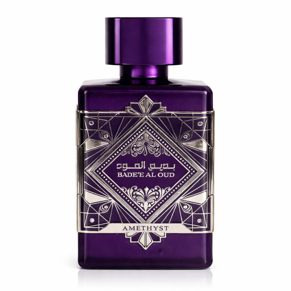 Elegant Bade'e Al Oud Amethyst perfume bottle by Lattafa featuring a luxurious purple design and silver accents.