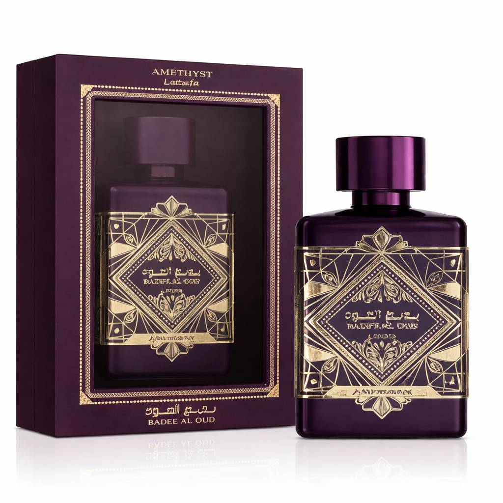 Luxurious Bade'e Al Oud Amethyst perfume bottle by 50Scents, featuring a sleek design and deep purple accents.