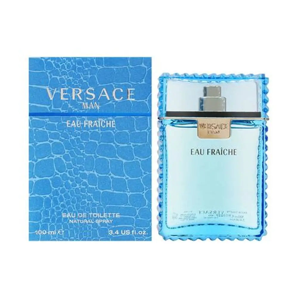 Versace Men's Eau Fraiche Cologne bottle with sleek design, featuring the Versace logo and a sophisticated, fresh scent.