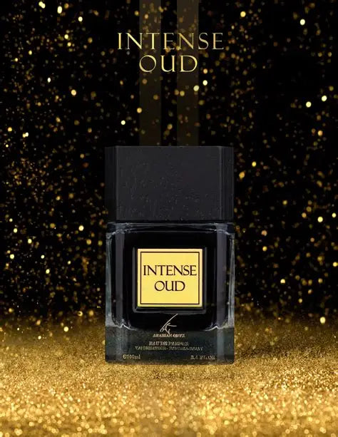 Elegant bottle of 50Scents Intense OUD Arabian perfume with intricate gold detailing and deep amber liquid inside.