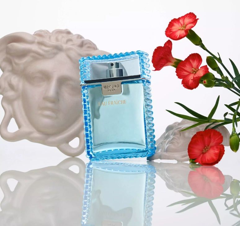 Versace Men’s Eau Fraiche cologne bottle with sleek design, featuring the Versace logo and a modern, elegant fragrance presentation.