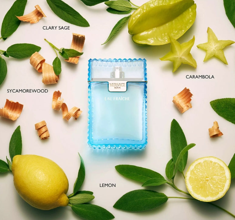 Versace Men's Eau Fraiche cologne bottle with sleek design and fragrance details, displayed on a website screenshot.