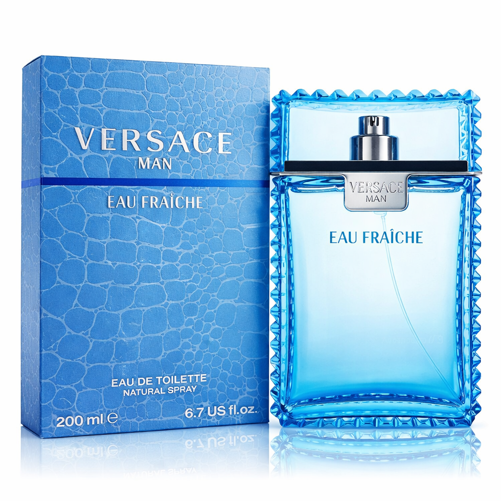 Versace men's Eau Fraiche cologne bottle and box, featuring sleek design and branding for 50Scents.