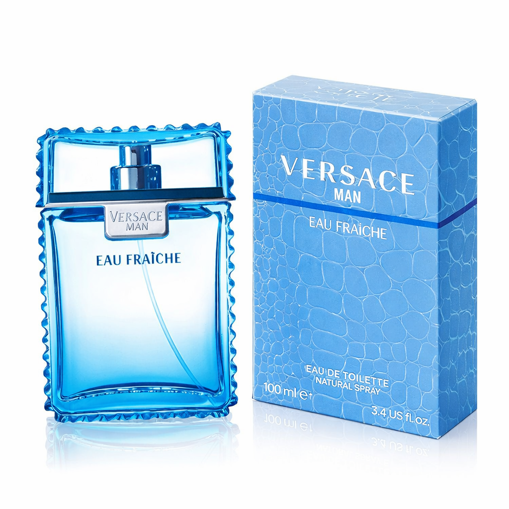 Versace Men's Eau Fraiche cologne bottle displayed, with sleek design and label visible on a neutral background.