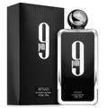 Afnan 9PM perfume bottle by 50Scents, sleek glass container with black cap, showcasing the fragrance's elegant design.