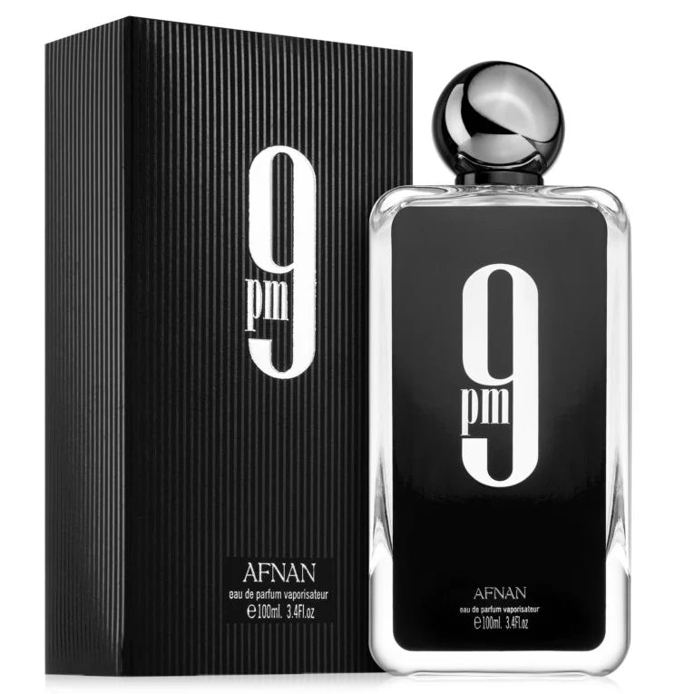 Afnan 9PM perfume bottle by 50Scents, sleek glass container with black cap, showcasing the fragrance's elegant design.