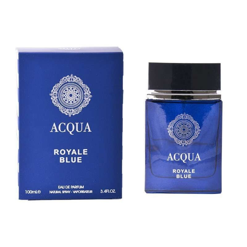 Royal blue Acqua perfume bottle by 50Scents with sleek design and elegant cap, displayed on a neutral background.