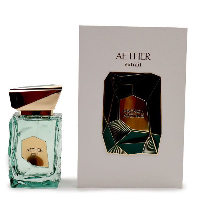 Aether by French Avenue perfume bottle with minimalist design and clear glass, showcasing the elegant fragrance packaging.
