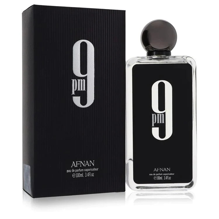 Afnan 9PM perfume bottle by 50Scents, sleek design with clear glass and black cap, displayed on a neutral background.