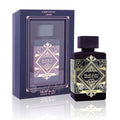 Bade'e AL Oud Amethyst perfume bottle by Lattafa, featuring a sleek design and purple amethyst accents, on a neutral background.