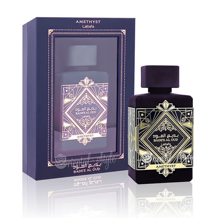 Bade'e AL Oud Amethyst perfume bottle by Lattafa, featuring a sleek design and purple amethyst accents, on a neutral background.